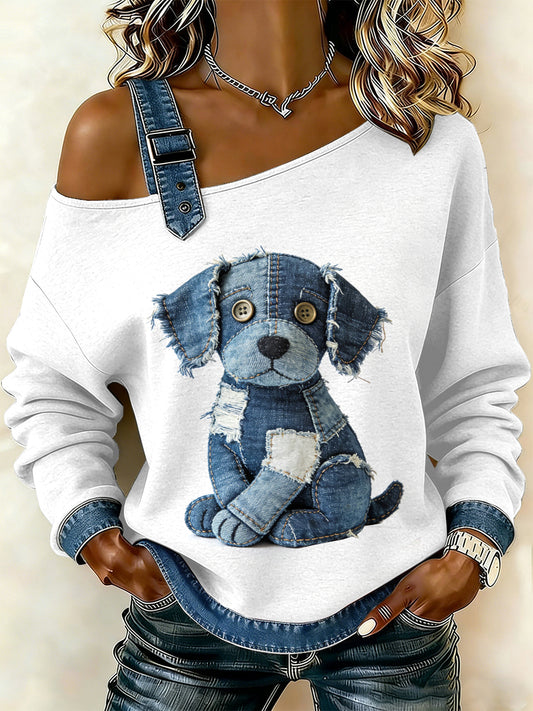 Damen Vintage Hund Patchwork Print lässig schulter freies Sweatshirt
