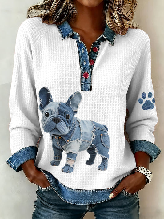 Damen Denim Patchwork Kunst Französische Bulldogge Muster Waffel Top