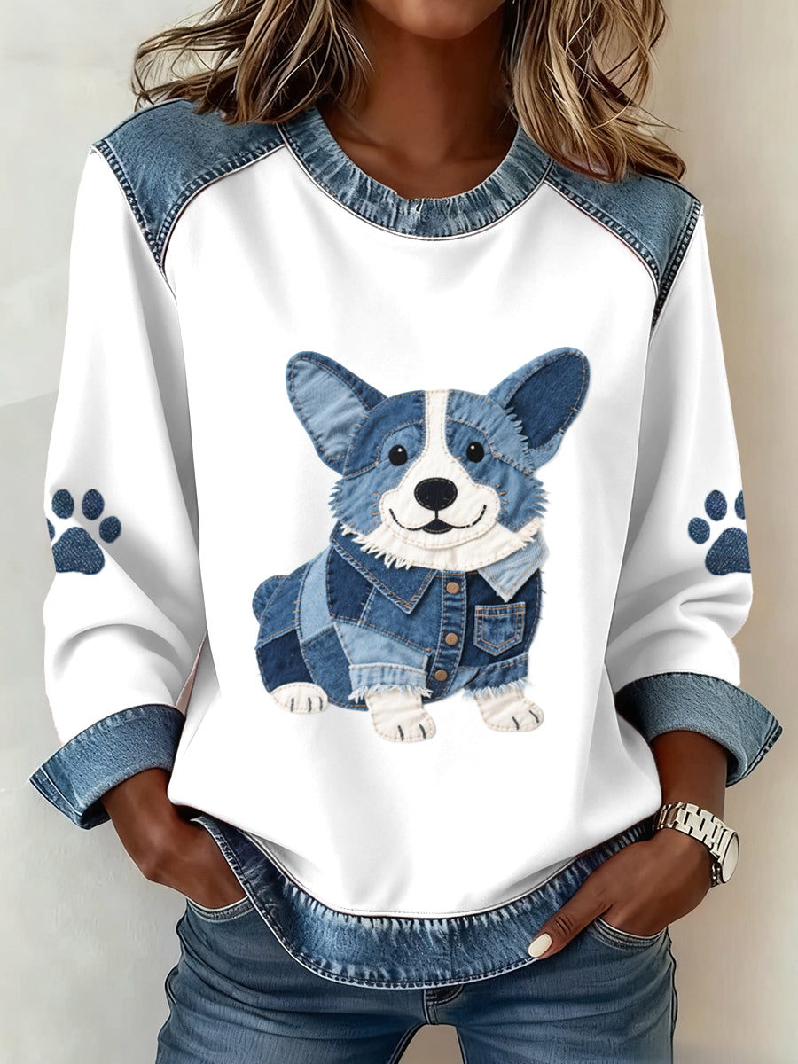 Damen Lovely Corgi Muster Denim Patchwork Sweatshirt