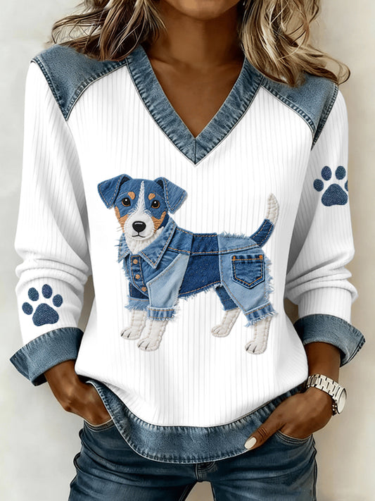 Damen Lovely Jack Russell Terrier Hunde muster Denim Patchwork V-Ausschnitt Top