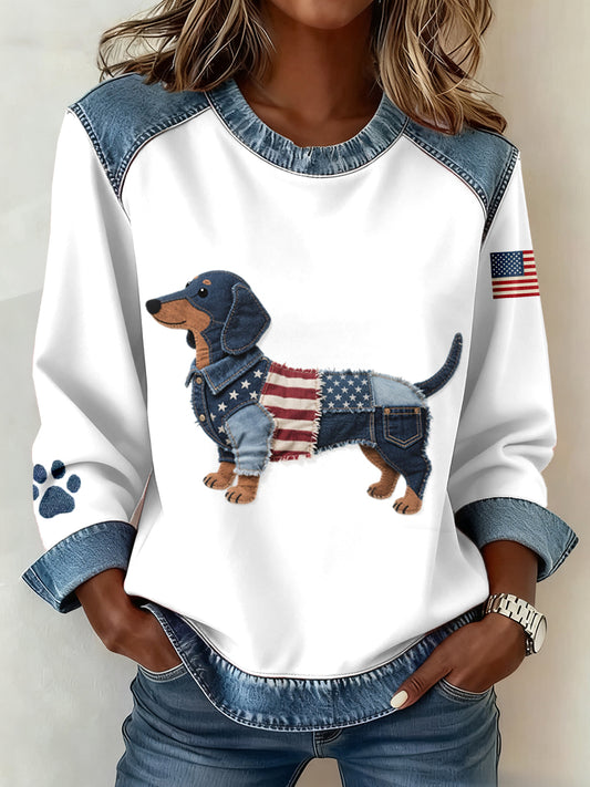 Damen amerikanische Flagge inspirierte Dackel Hunde muster Denim Patchwork Sweatshirt