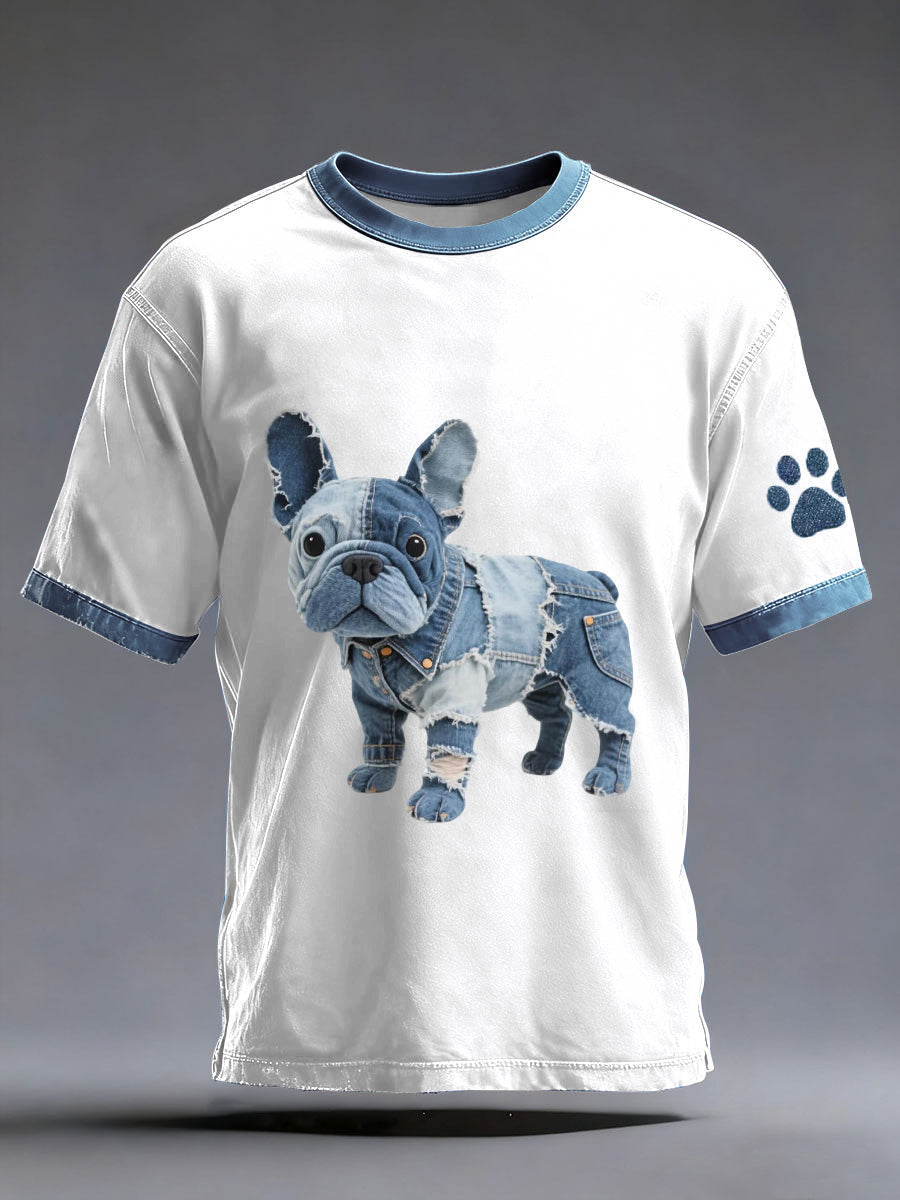 Herren Denim Patchwork Kunst Französische Bulldogge Muster gewaschen T-Shirt
