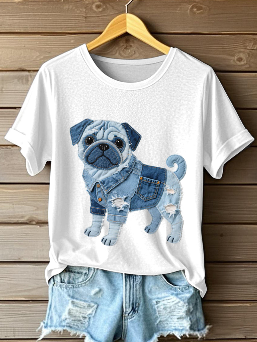 Frauen schöne Mops Hund Denim Patchwork Muster T-Shirt