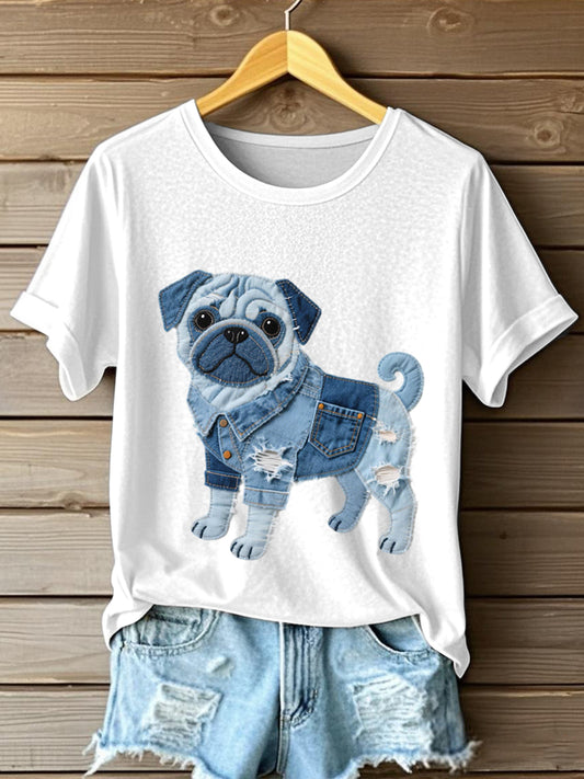 Frauen schöne Mops Hund Denim Patchwork Muster T-Shirt
