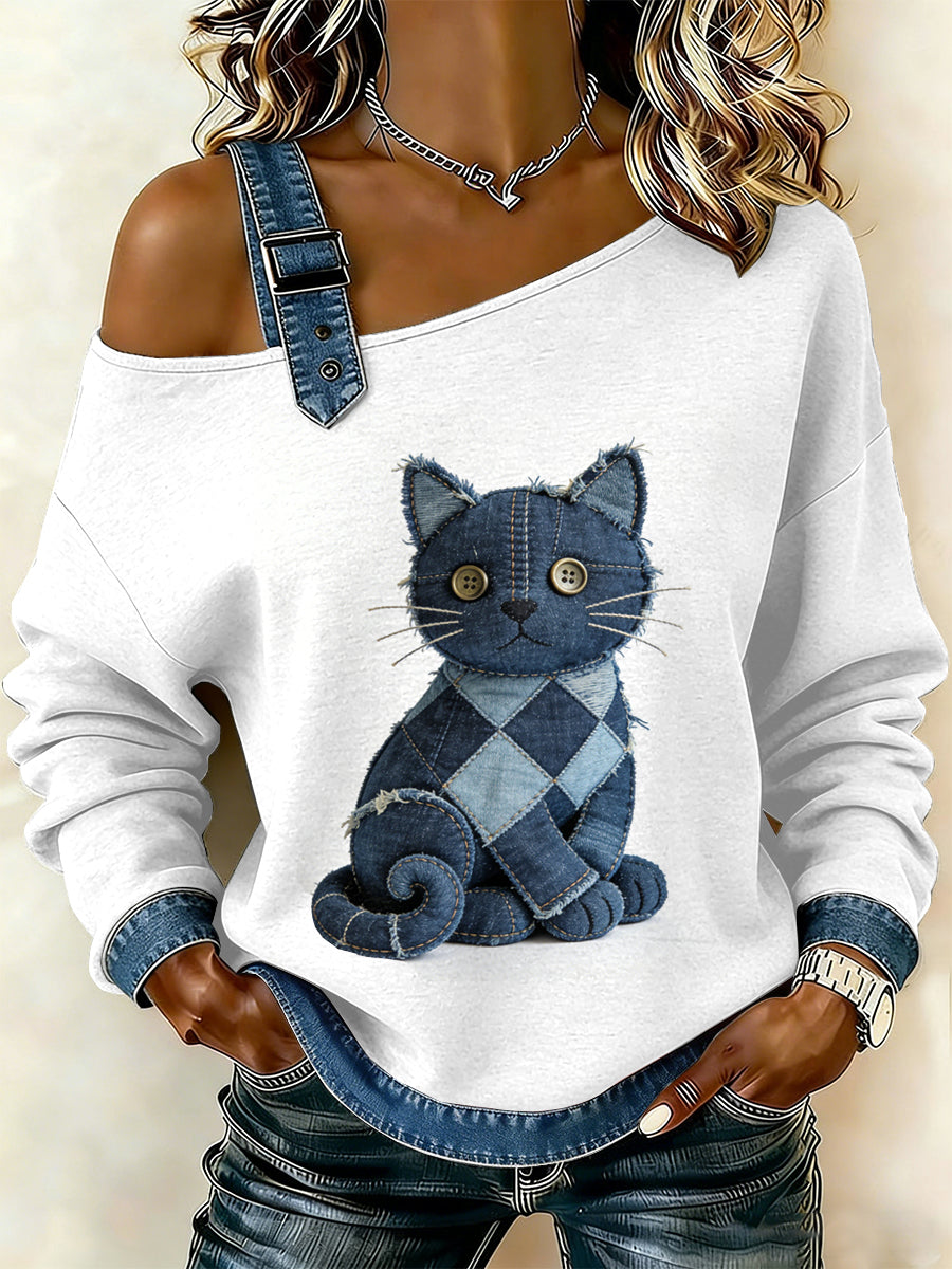 Damen Vintage Cat Patchwork Print lässig schulter freies Sweatshirt