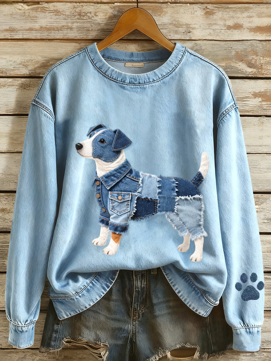 Damen Denim Patchwork Kunst Jack Russell Terrier Hunde muster Sweatshirt