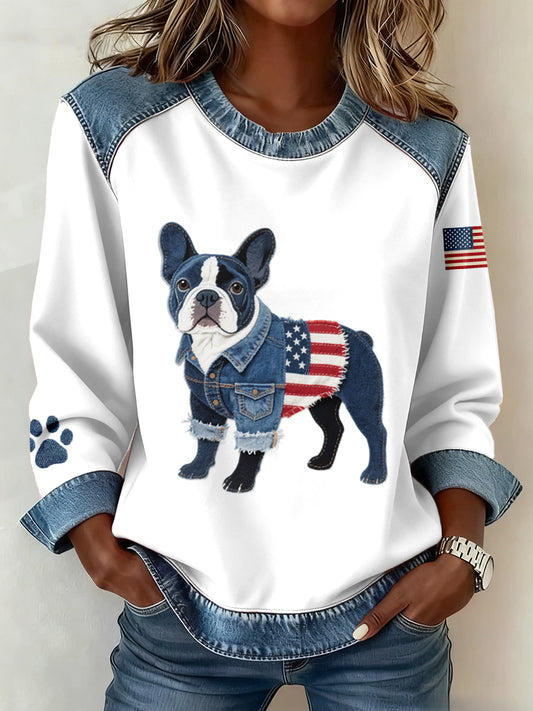 Frauen amerikanische Flagge inspirierte französische Bulldogge Muster Denim Patchwork Sweatshirt