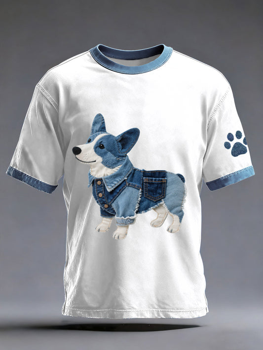 Herren Denim Patchwork Kunst Corgi Hunde muster gewaschen T-Shirt