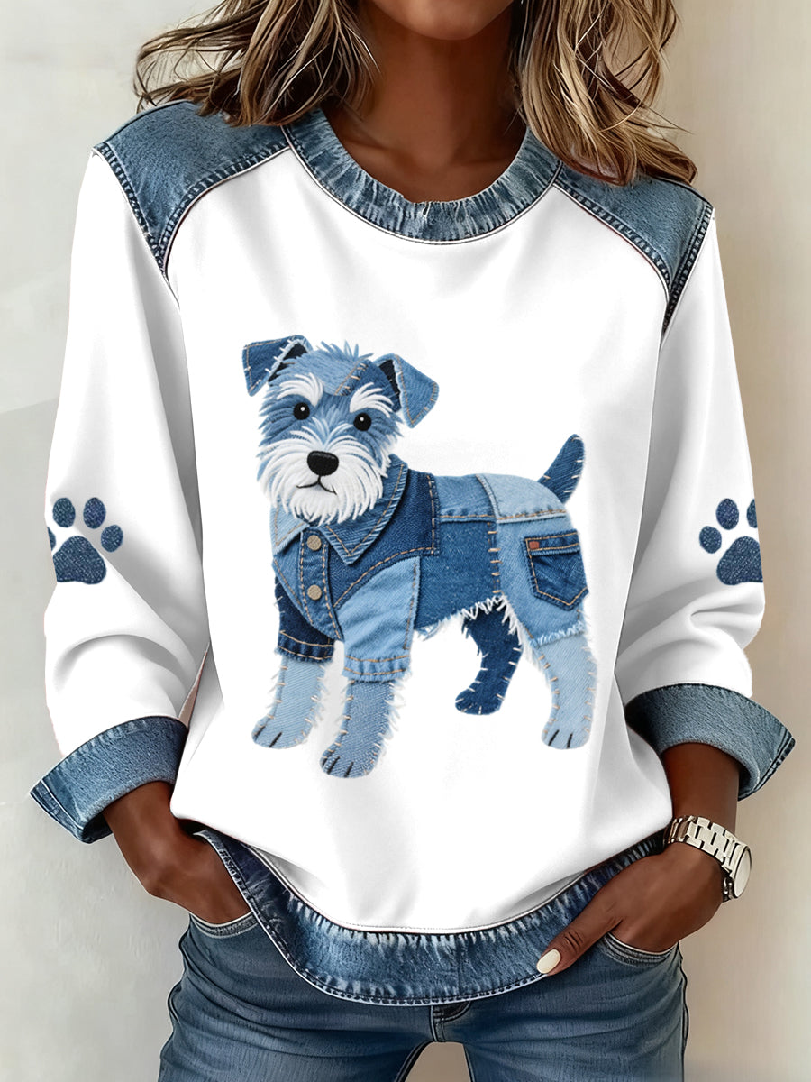 Damen-Schnauzer-Hunde muster Denim-Patchwork-Sweatshirt