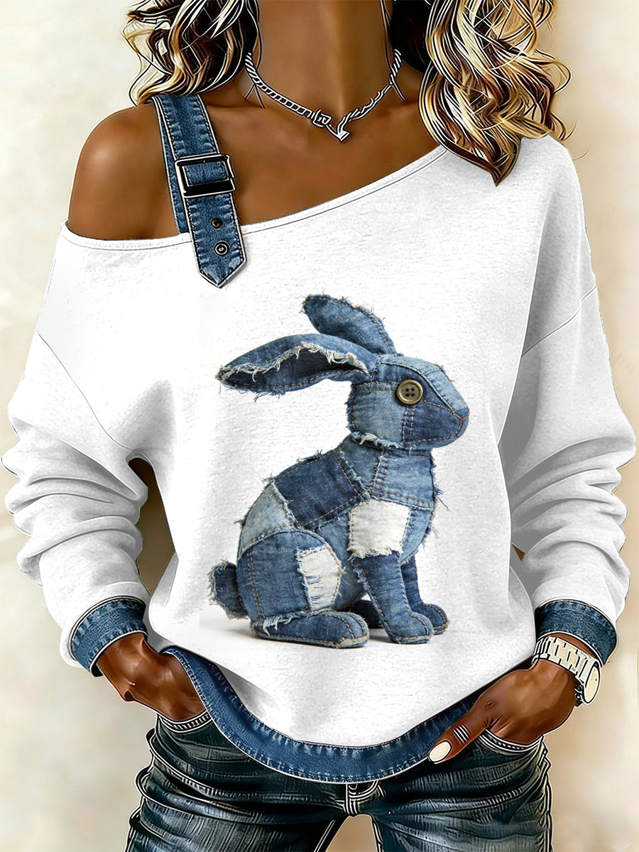 Damen Vintage Kaninchen Patchwork Print lässig schulter freies Sweatshirt