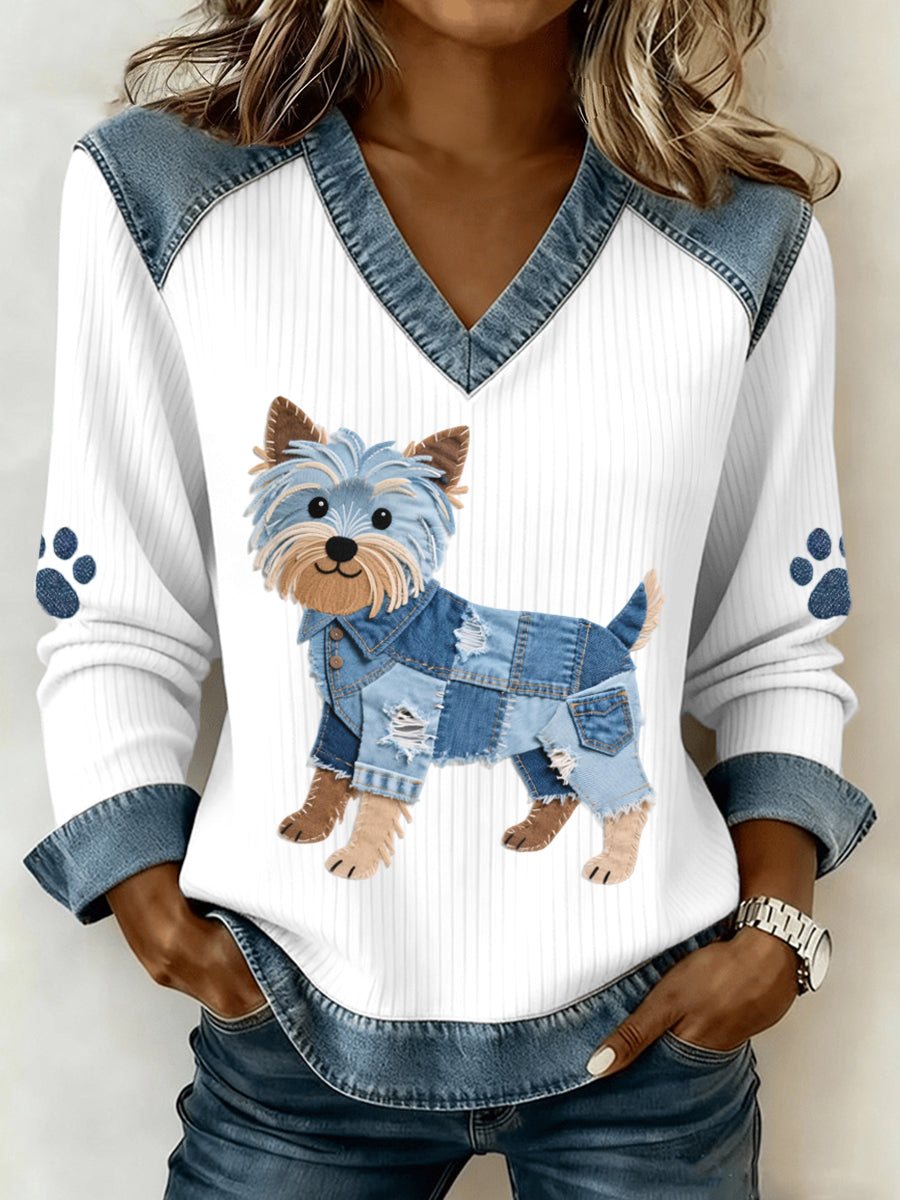 Damen Lovely Yorkshire Terrier Hunde muster Denim Patchwork V-Ausschnitt Top