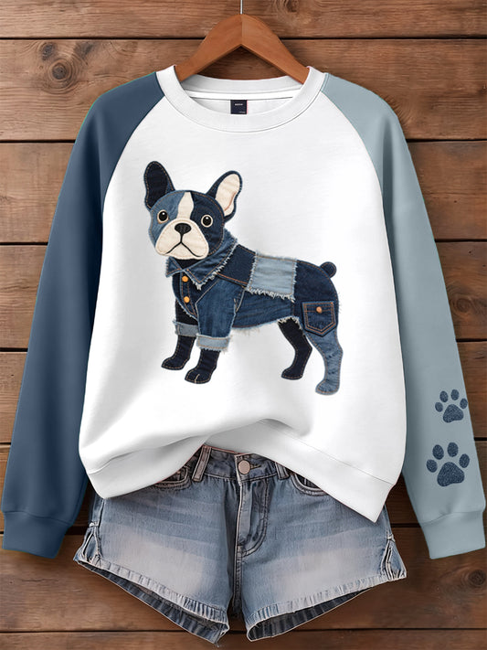 Damen Denim Patchwork Kunst Französische Bulldogge Muster Sweatshirt