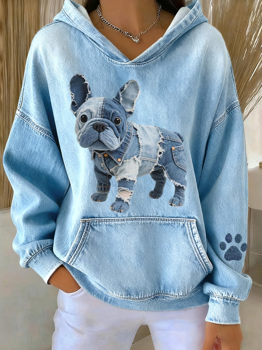 Damen schöne französische Bulldogge Denim Patchwork Muster Hoodie