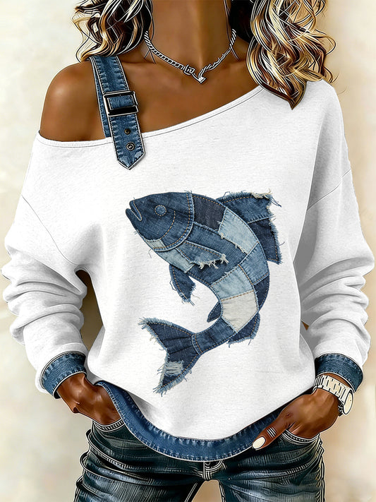 Damen Vintage Fisch Patchwork Print lässig schulter freies Sweatshirt