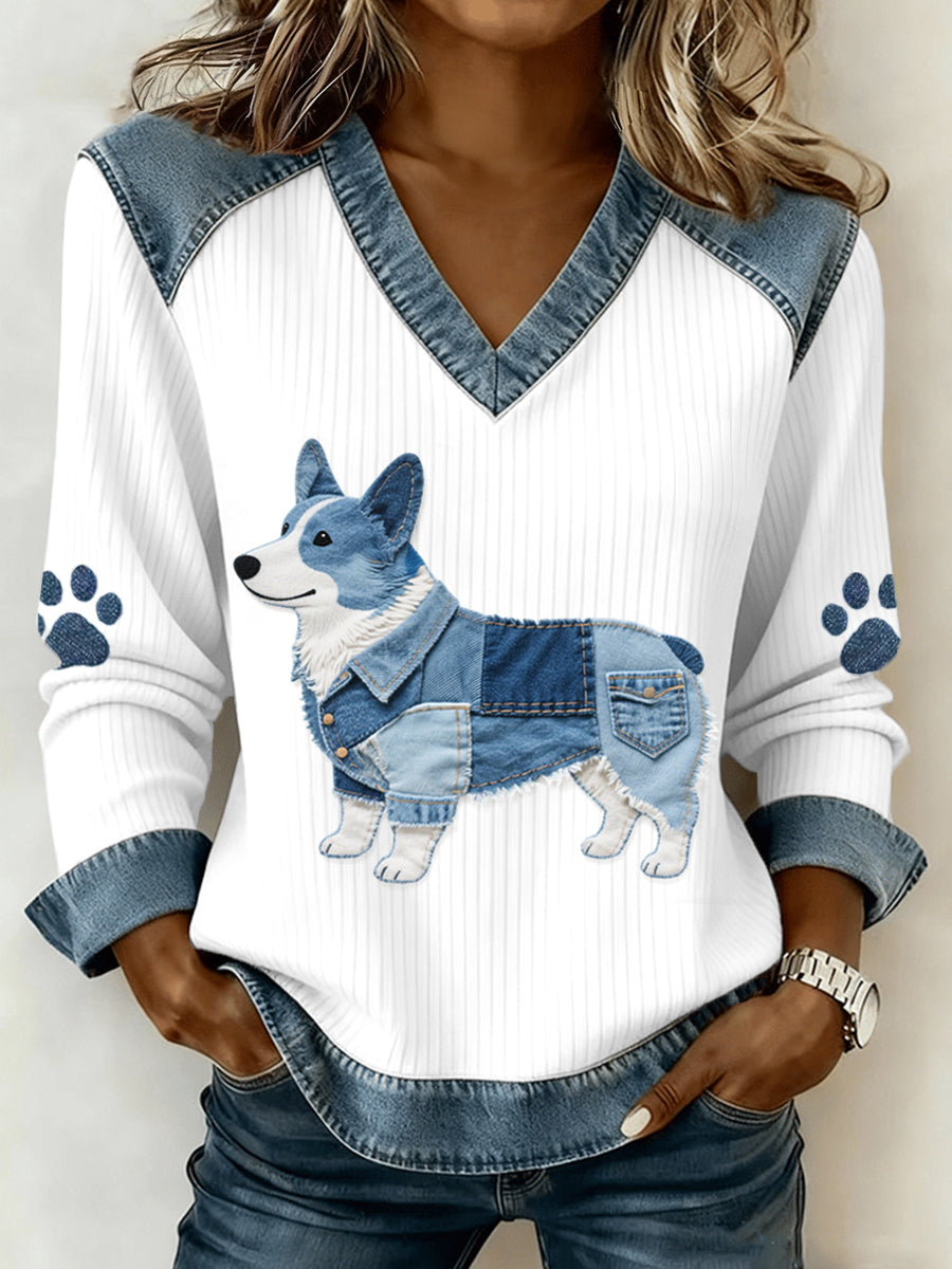 Damen Lovely Corgi Muster Denim Patchwork V-Ausschnitt Top