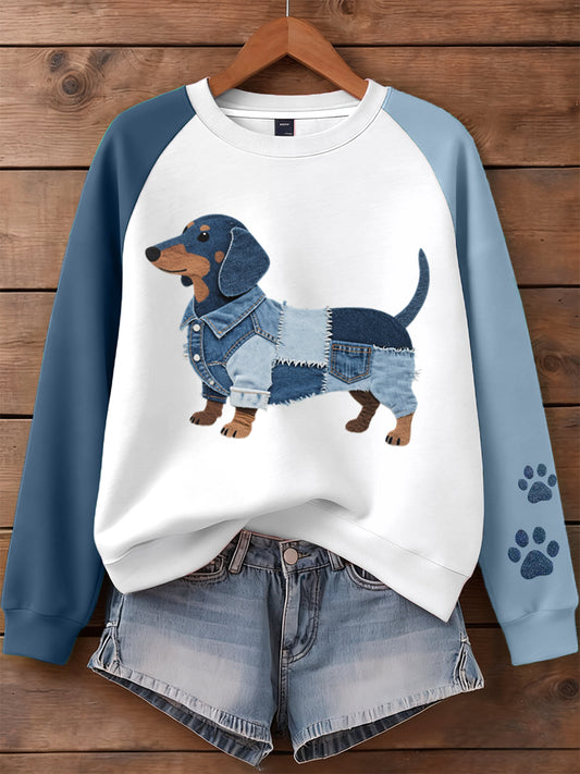 Damen Denim Patchwork Kunst Dackel Hunde muster Sweatshirt