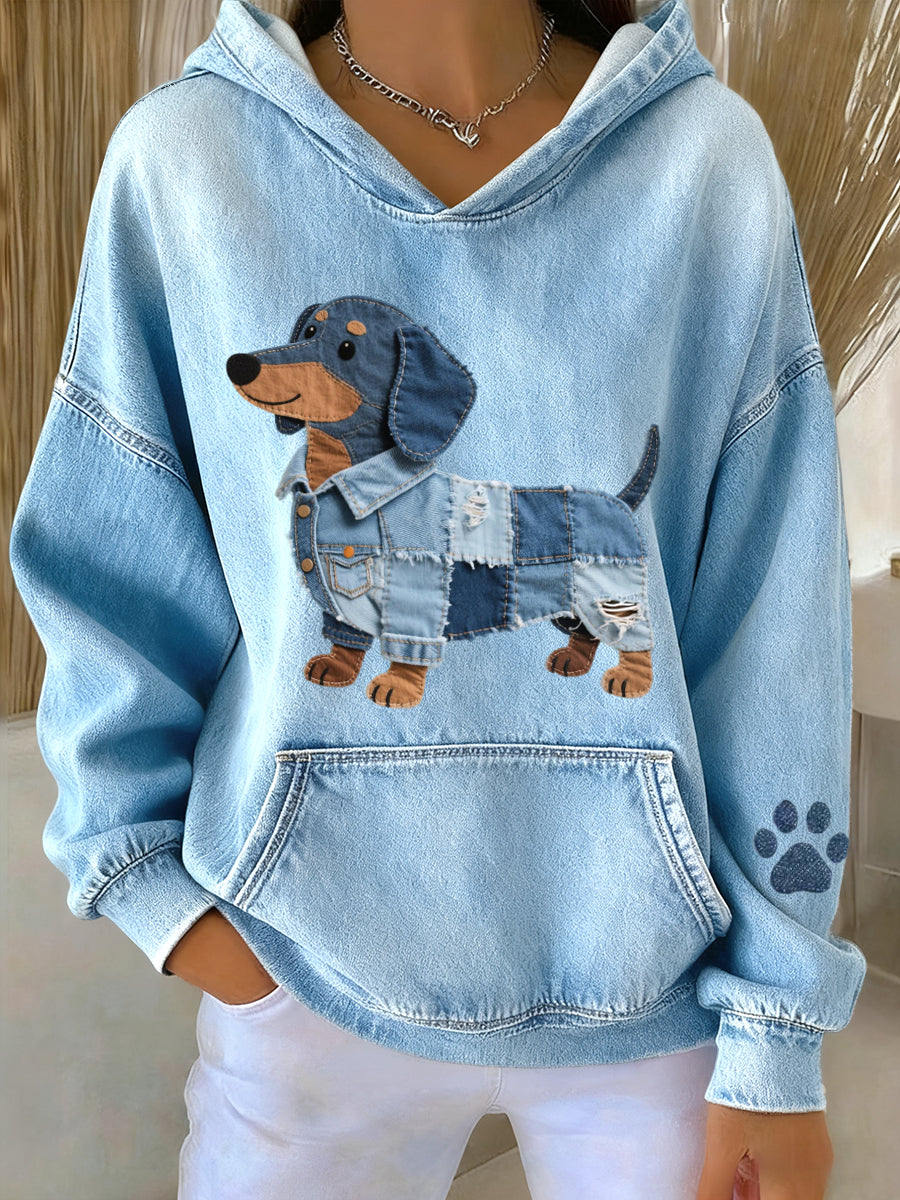 Damen Lovely Dackel Dog Denim Patchwork Muster Hoodie