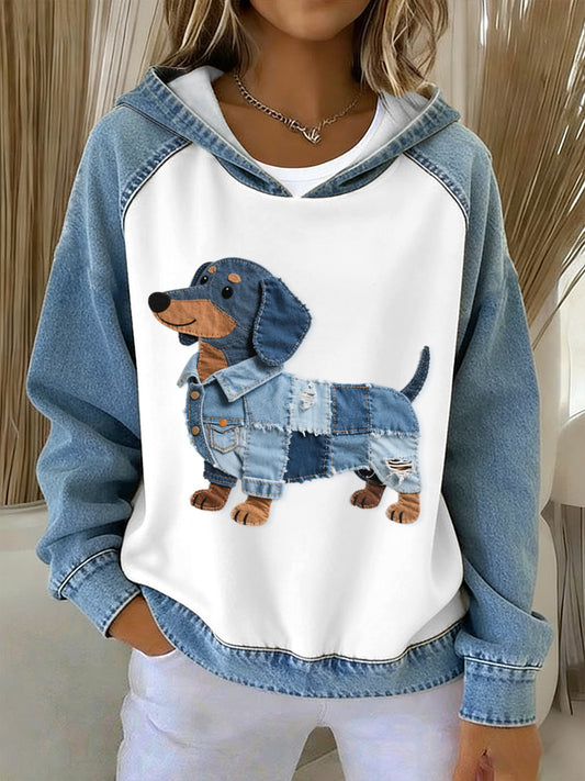 Damen schöne Dackel Hunde muster Denim Patchwork Hoodie