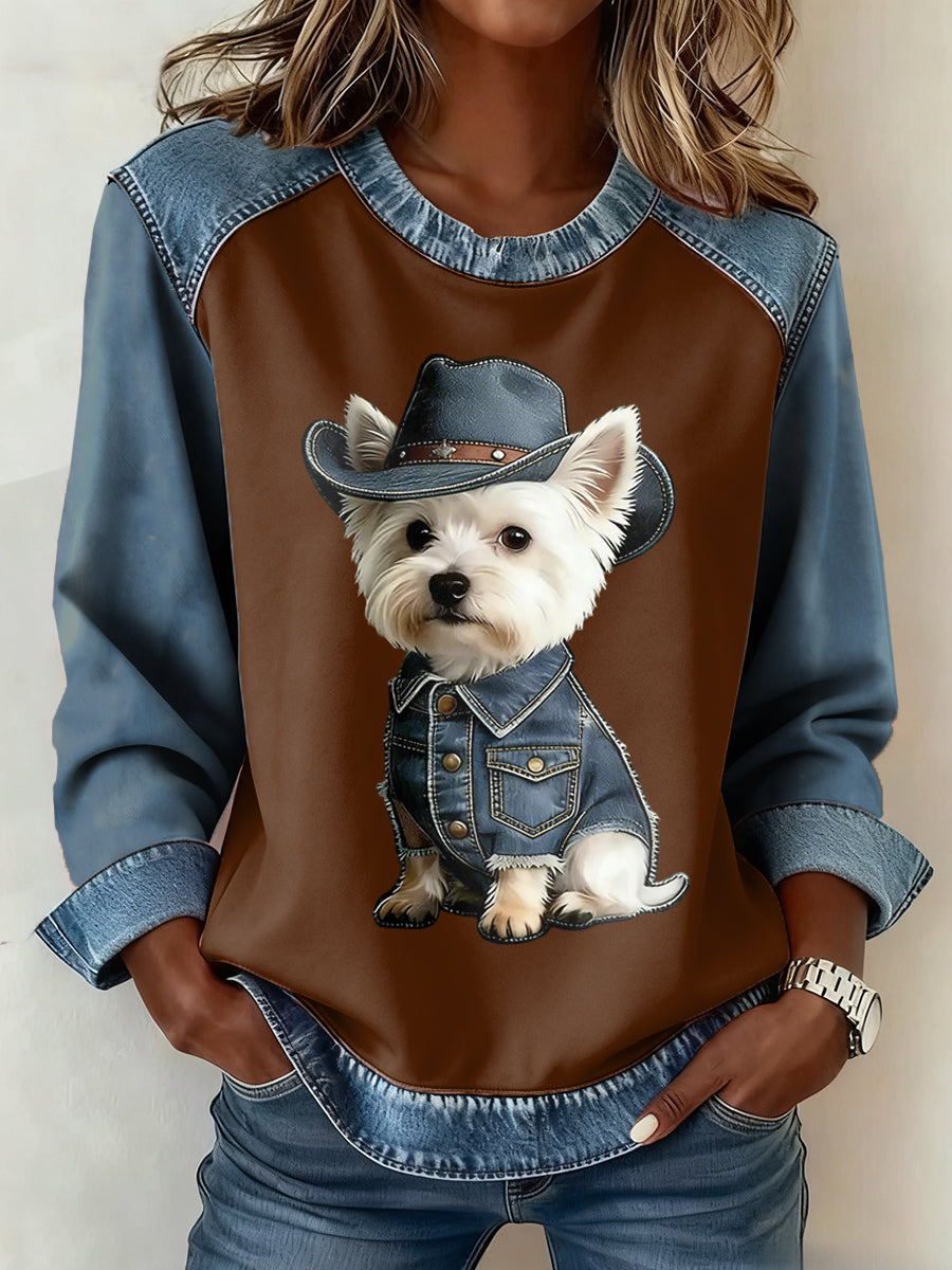 Damen-Tier-Liebhaber-Hunde druck Denim-Patchwork-Top