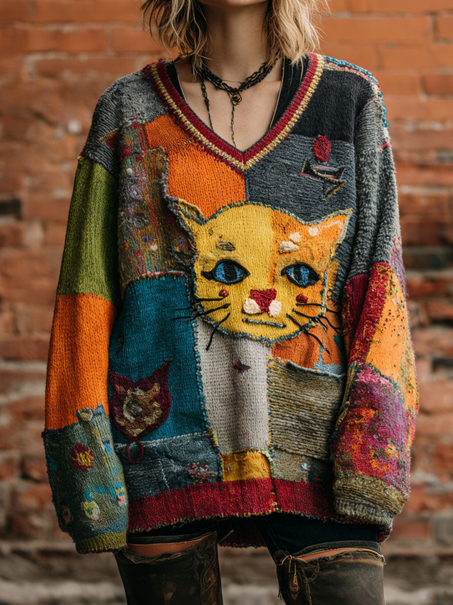 Damen-Kunst katze Retro-Oberteile mit V-Ausschnitt