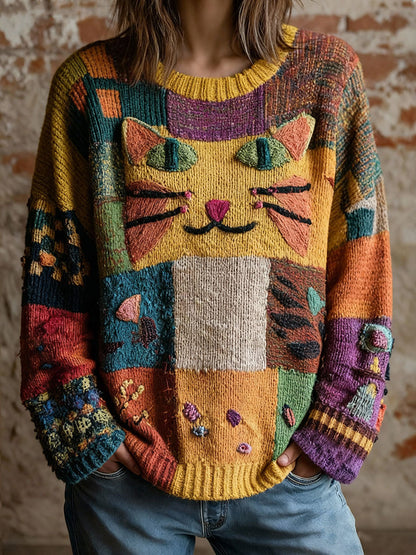 Vintage-Tops mit künstlerischem Katzen druck für Frauen