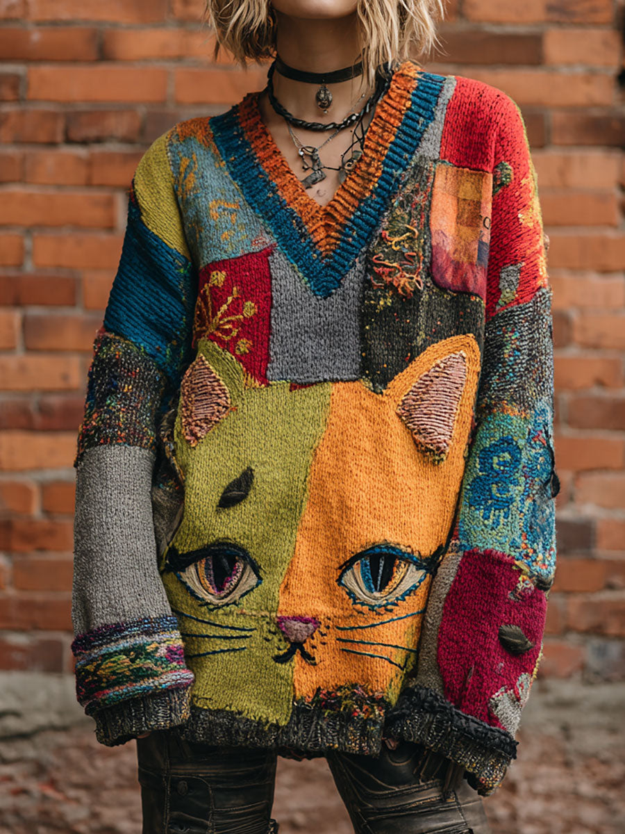 Damen-Kunst katze Retro-Oberteile mit V-Ausschnitt