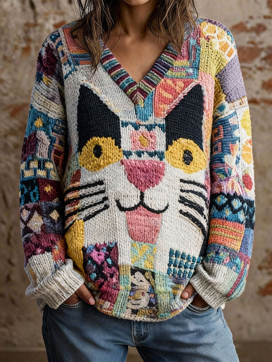 Damen Katzen kunst V-Ausschnitt Oberteile