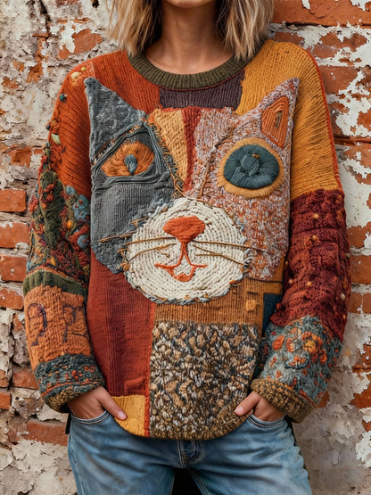 Vintage-Tops mit künstlerischem Katzen druck für Frauen