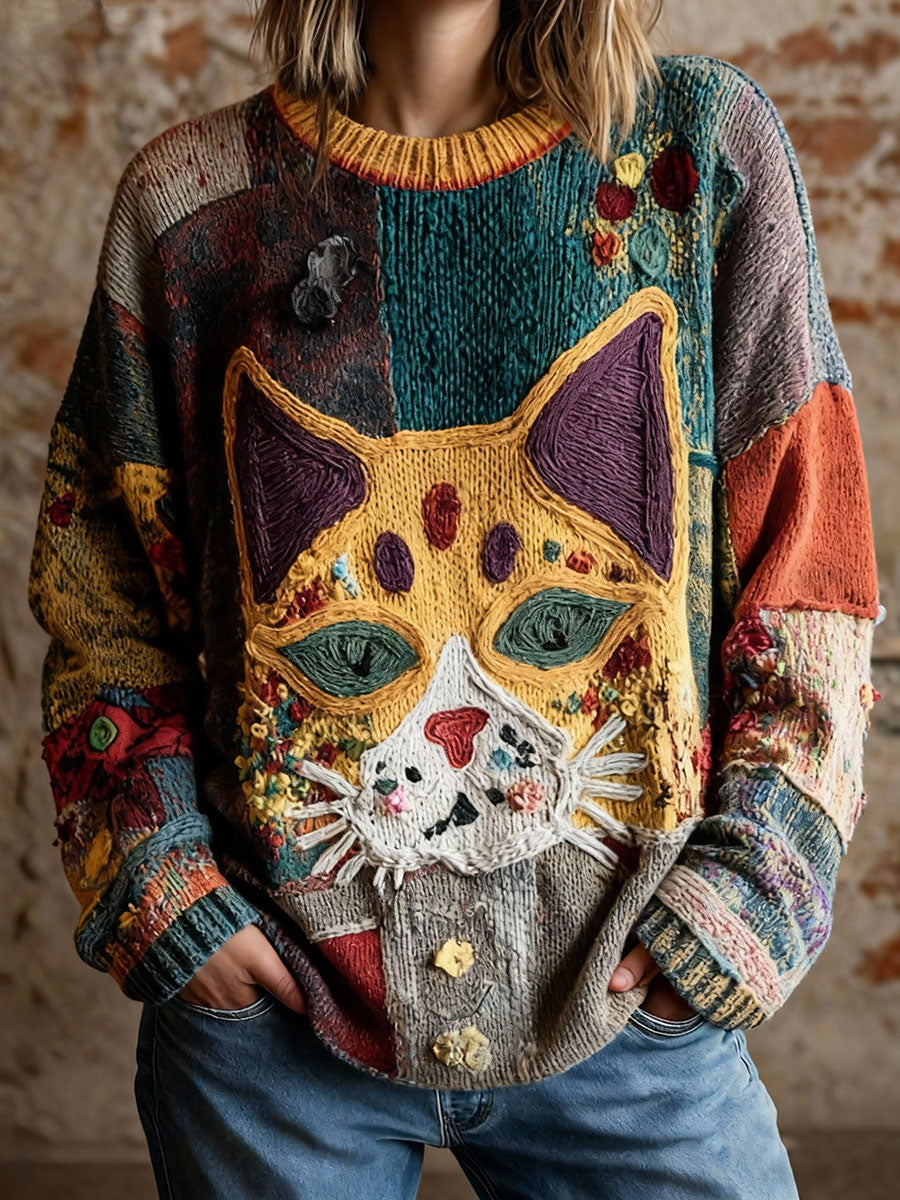 Vintage-Tops mit künstlerischem Katzen druck für Frauen