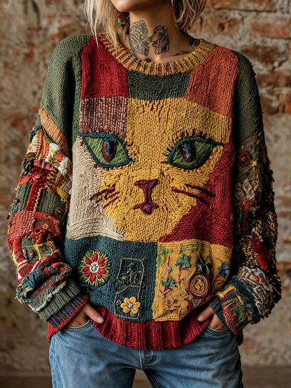 Vintage-Tops mit künstlerischem Katzen druck für Frauen