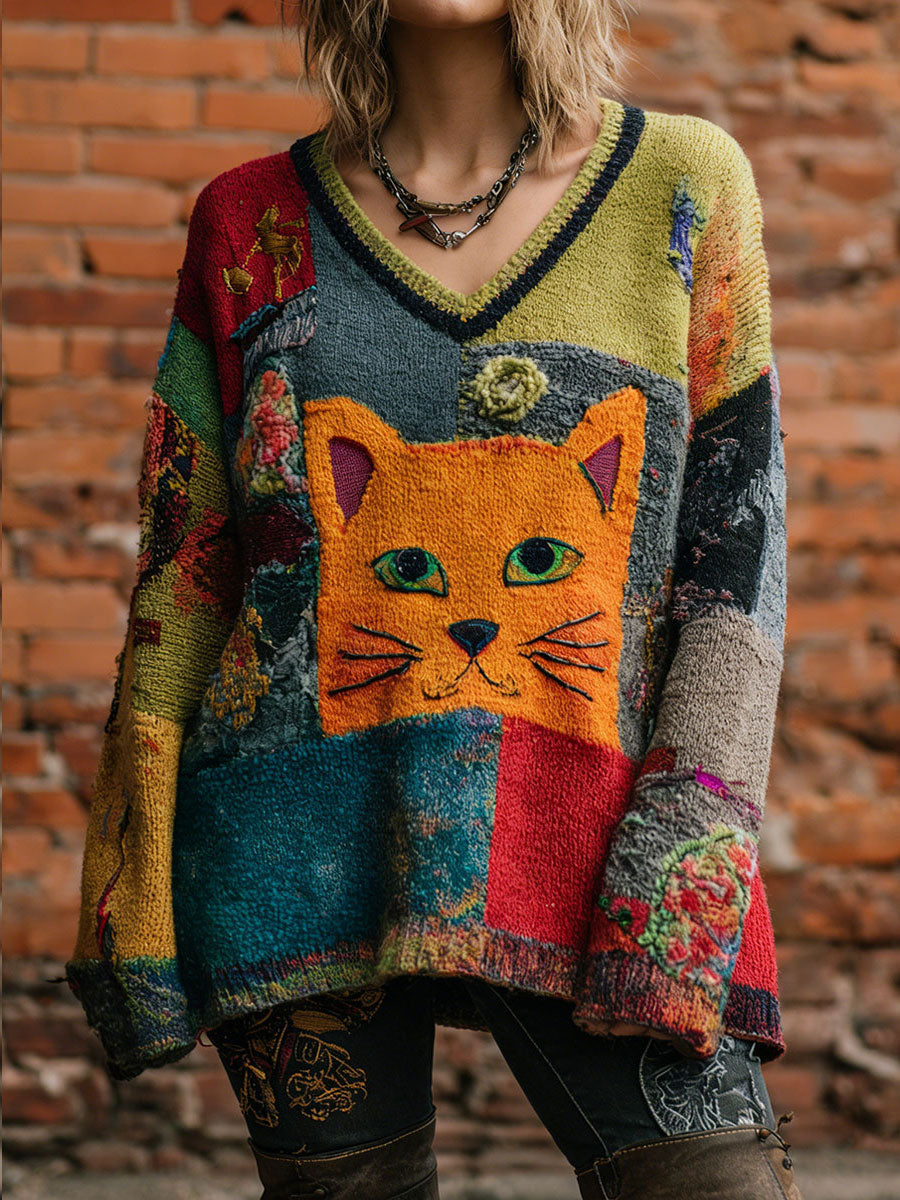 Damen-Kunst katze Retro-Oberteile mit V-Ausschnitt