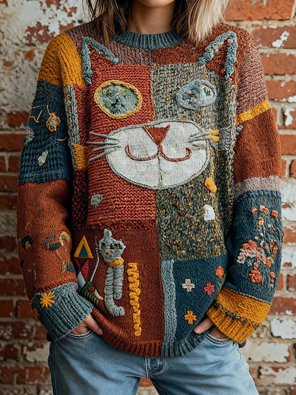 Vintage-Tops mit künstlerischem Katzen druck für Frauen