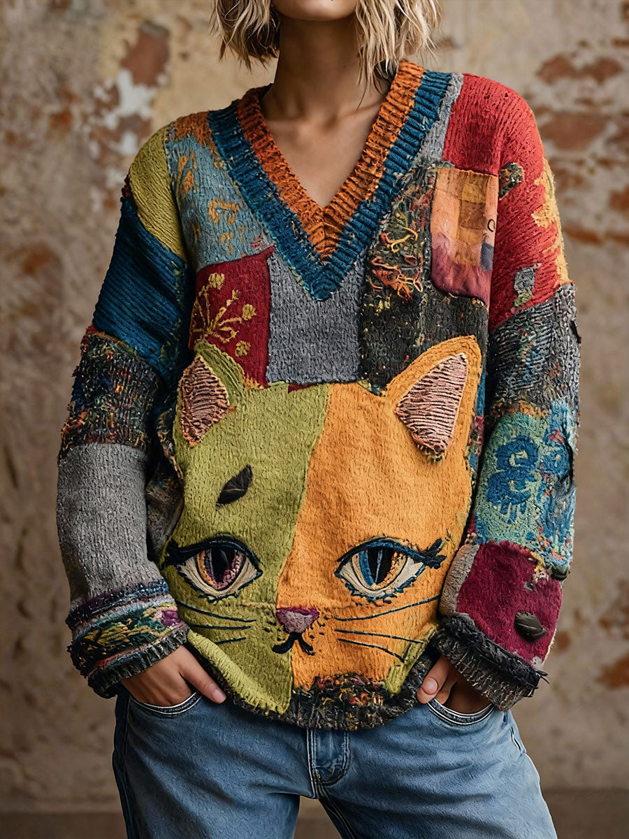 Damen Katzen kunst V-Ausschnitt Oberteile