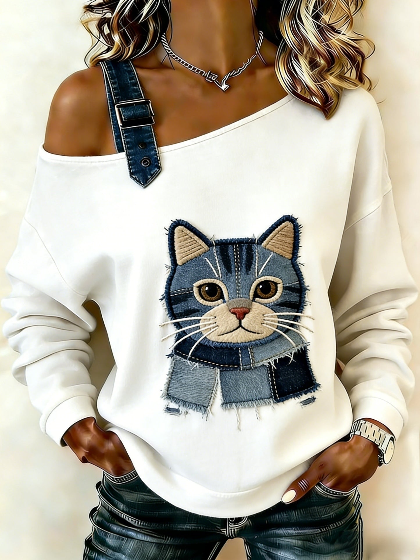 Damen niedliche Tier Katze Patchwork Denim Art lässig schulter freies Design Langarm T-Shirt