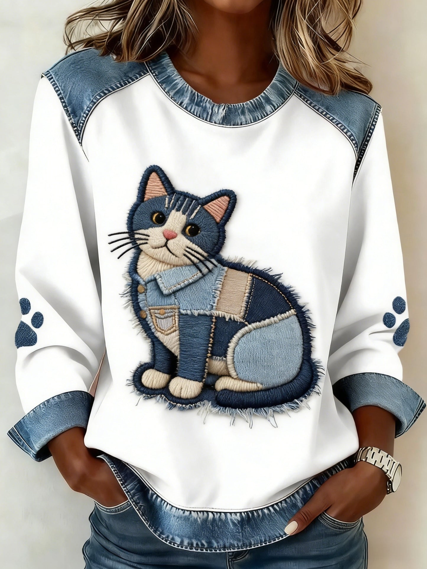 Damen niedliche Tier Katze Patchwork Denim Art bequemes Sweatshirt