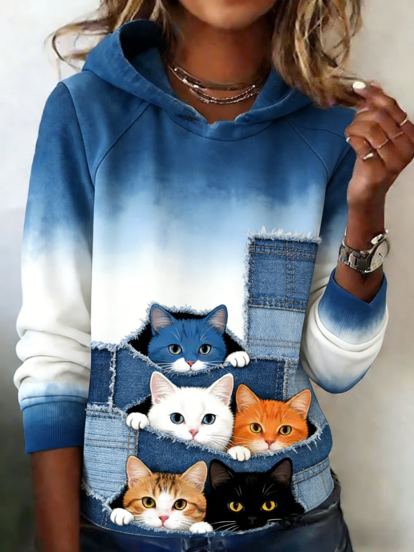 Damen niedliche Tier katzen Peek-a-Boo Patchwork Denim Art bequemes Kapuzen-Sweatshirt