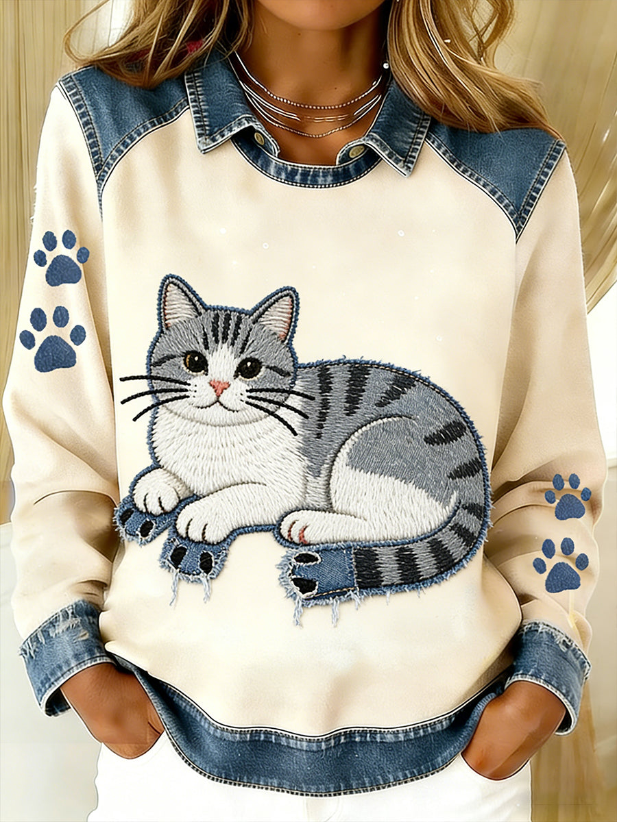 Damen Vintage Denim Patchwork Top mit Tier kunstdruck, lässig und bequem