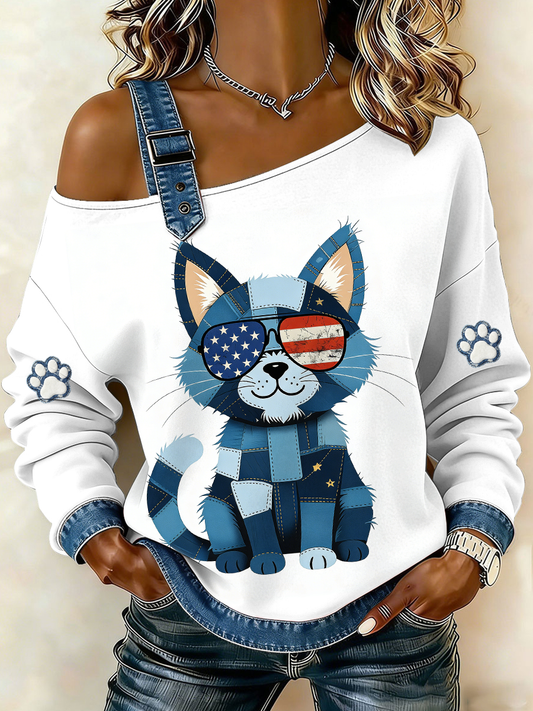 Damen-Jeans-Katze bedrucktes Einzel-Schulter-Sweatshirt