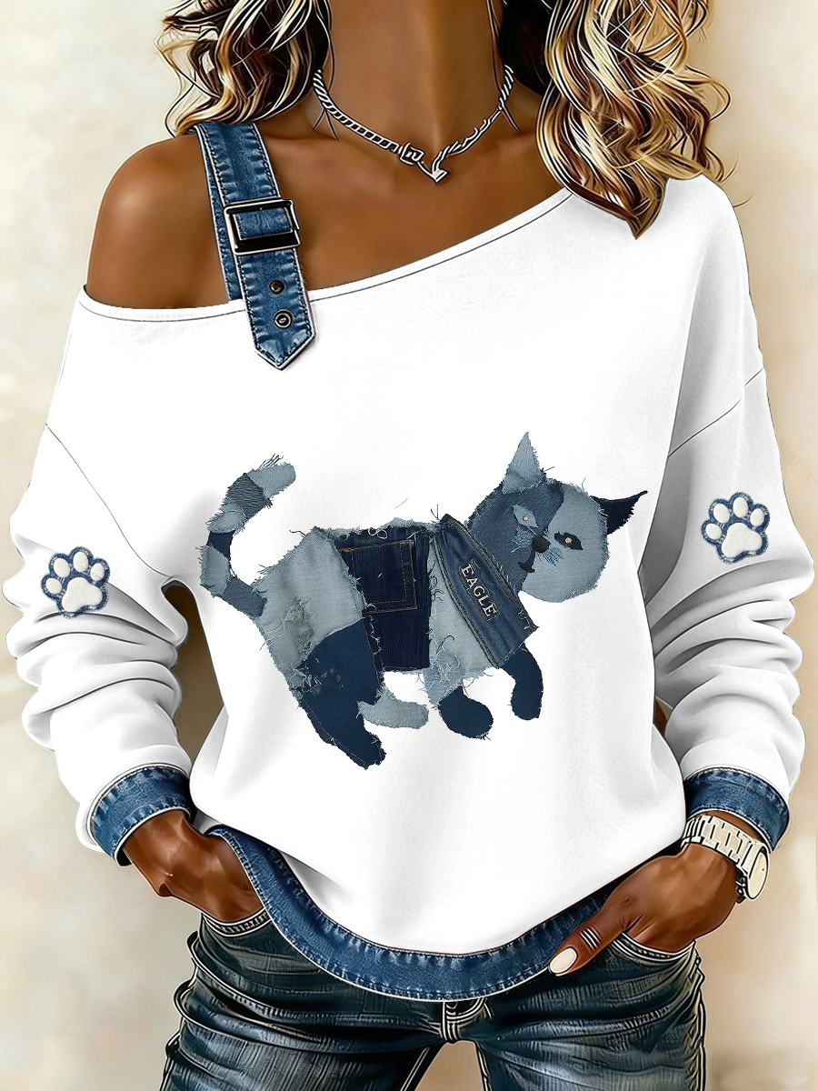 Damen-Jeans-Katze bedrucktes Einzel-Schulter-Sweatshirt