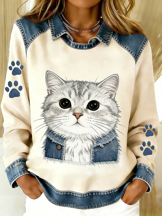 Damen Vintage Denim Patchwork Top mit Tier kunstdruck, lässig und bequem