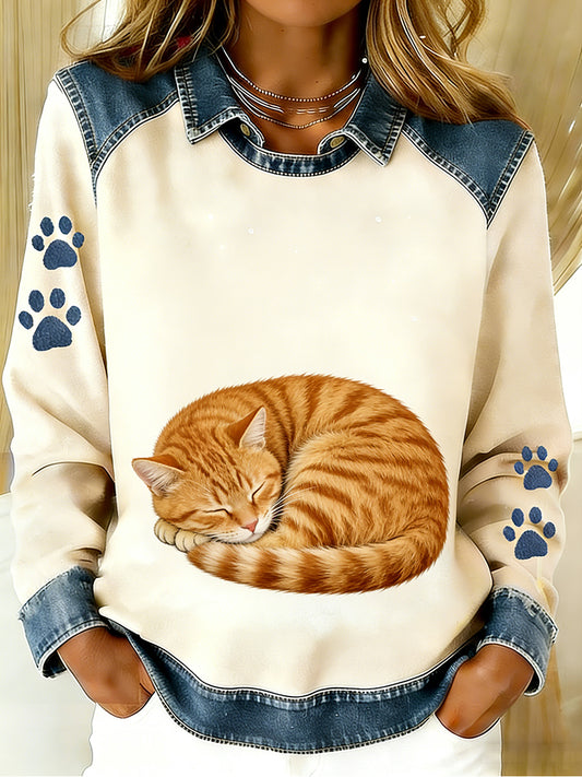 Damen Vintage Denim Patchwork Top mit Tier kunstdruck, lässig und bequem