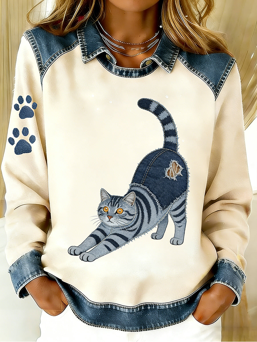 Damen Vintage Denim Patchwork Top mit Tier kunstdruck, lässig und bequem