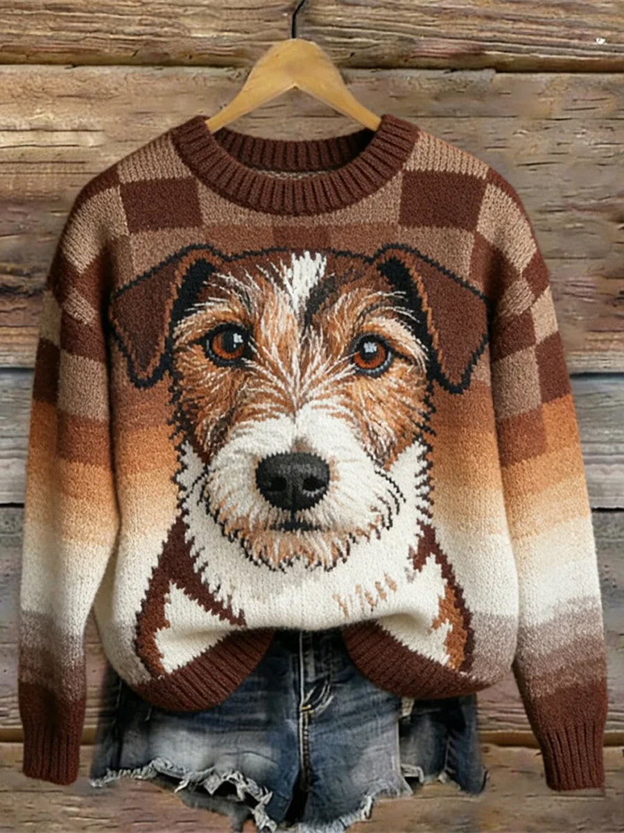 Damen Vintage Plaid Haustier Hunde muster Gemütliche Pullover