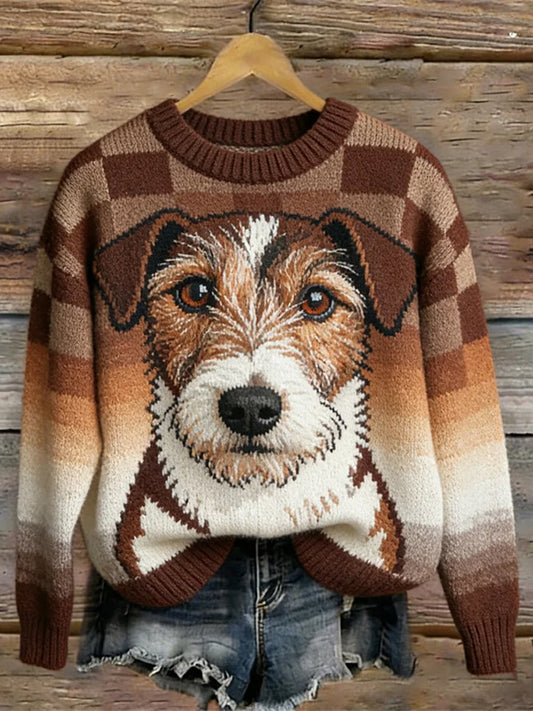 Damen Vintage Plaid Haustier Hunde muster Gemütliche Pullover