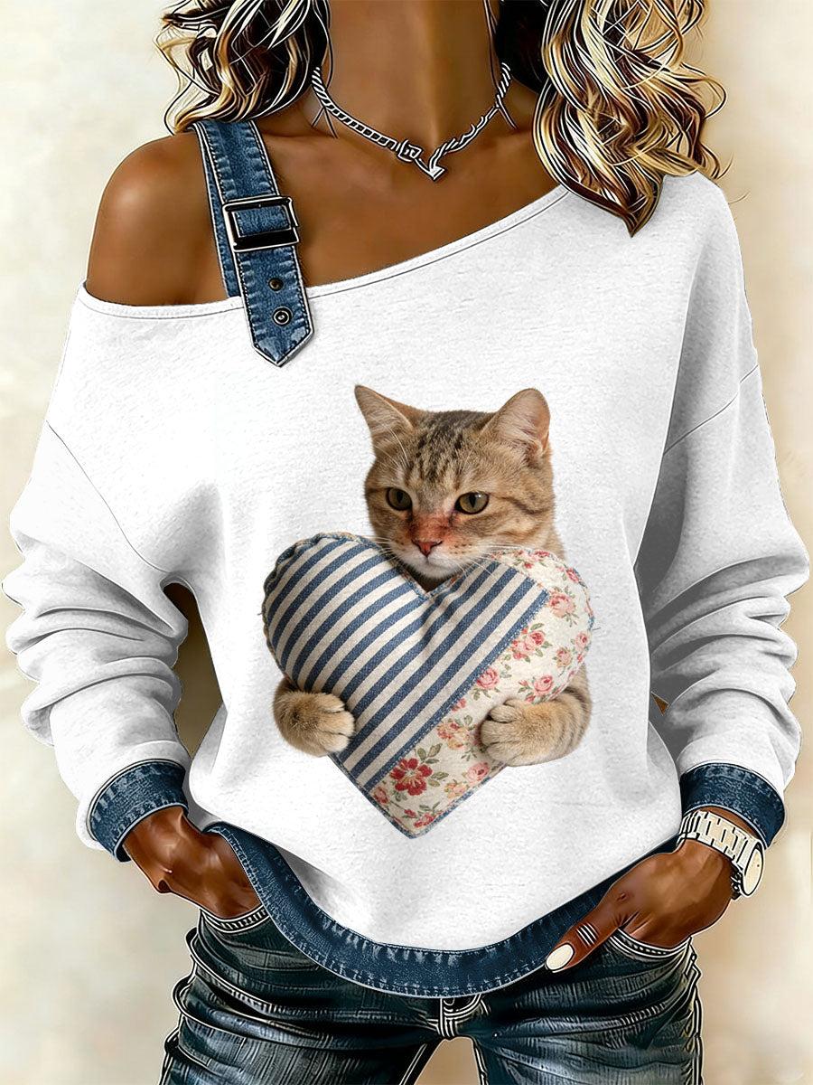 Damen Vintage Cat Patchwork Print lässig schulter freies Sweatshirt