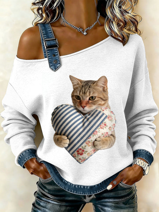 Damen Vintage Cat Patchwork Print lässig schulter freies Sweatshirt