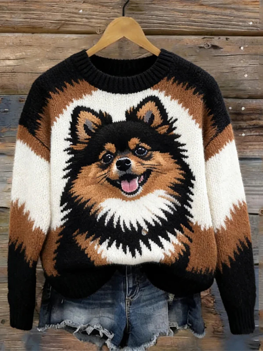 Damen Lovely Pom Dog Kontrast farbe Gemütliche Pullover