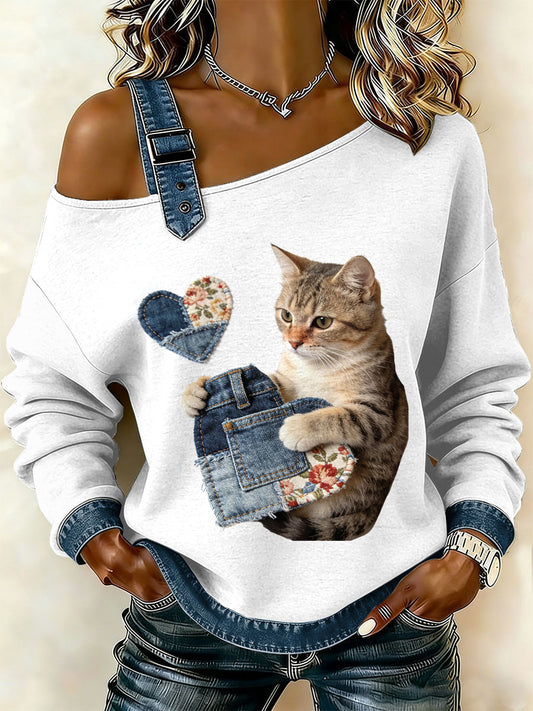 Damen Vintage Cat Patchwork Print lässig schulter freies Sweatshirt
