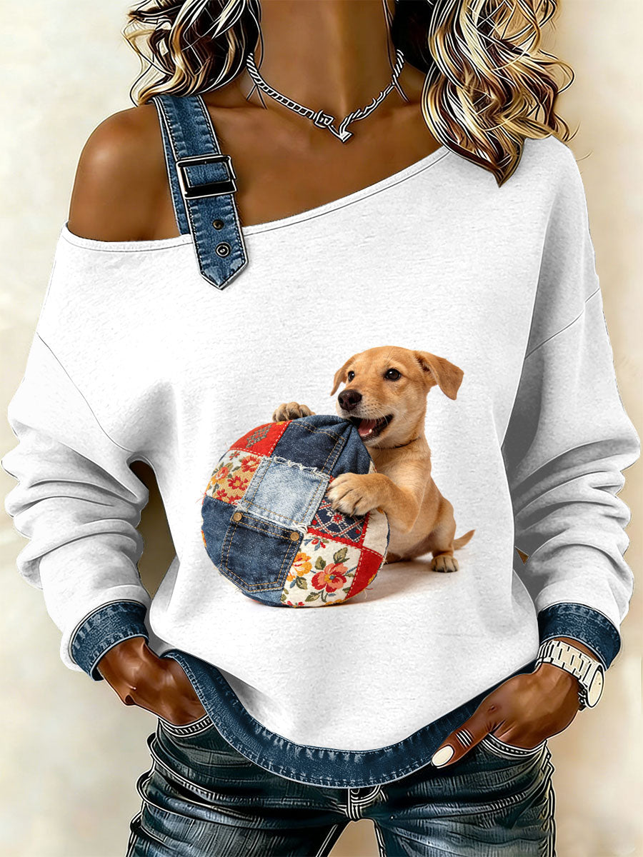 Damen Vintage Cat Patchwork Print lässig schulter freies Sweatshirt