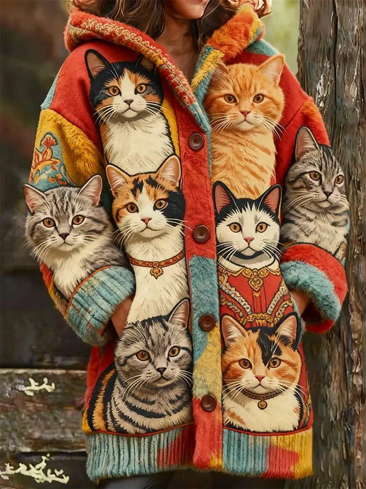 Damen Tier Katze Print Flanell Warme Jacke